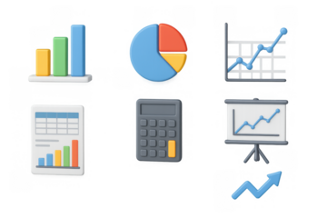 3d business analytics icons: graphs, charts, calculator, and data presentation set