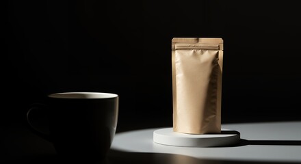 Studio shot of a kraft paper coffee bag mockup next to a coffee cup on a white marble platform against a dark background with
