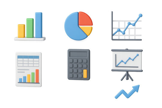 3d business analytics icons: graphs, charts, calculator, and data presentation set - Powered by Adobe