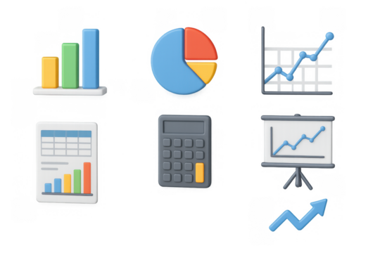 3d business analytics icons: graphs, charts, calculator, and data presentation set