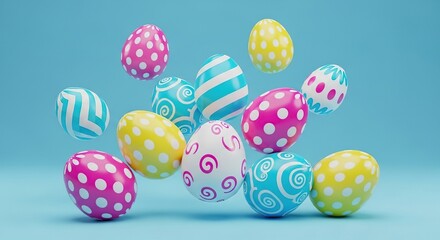 Colorful easter eggs with playful patterns on bright blue background