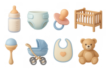 Cute pastel baby essentials set featuring toys and nursery items