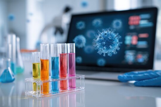 Modern laboratory research analyzing virus with advanced technology and colorful liquids.