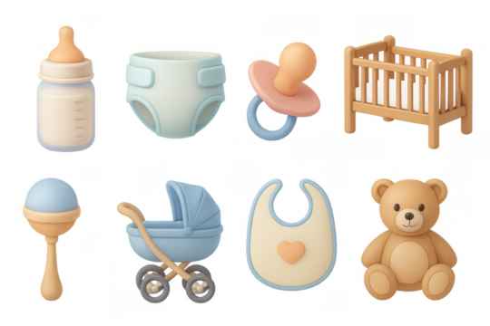 Cute pastel baby essentials set featuring toys and nursery items