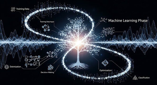 Abstract illustration of a machine learning process with a central tree metaphor and data points representing algorithms