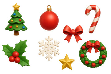 Festive christmas icons collection with 3d holiday decorations and ornaments