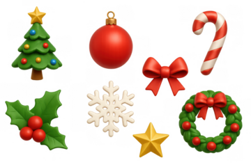Festive christmas icons collection with 3d holiday decorations and ornaments