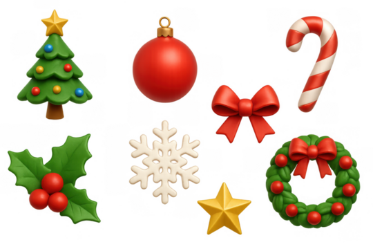 Festive christmas icons collection with 3d holiday decorations and ornaments - Powered by Adobe