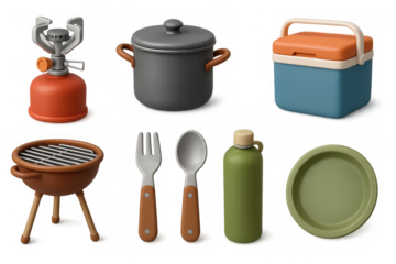 3d camping equipment set with cooking tools and portable cooler