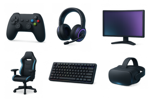 Modern gaming equipment set featuring console controller, headphones, and vr headset
