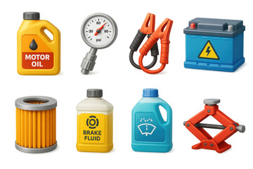 Essential car maintenance tools and fluids collection in 3d design
