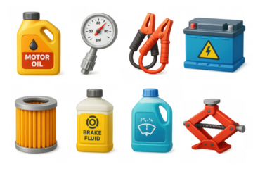 Essential car maintenance tools and fluids collection in 3d design