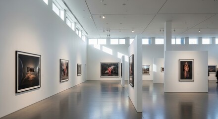 Gallery displays framed art clean white space light from windows shiny floor modern exhibit