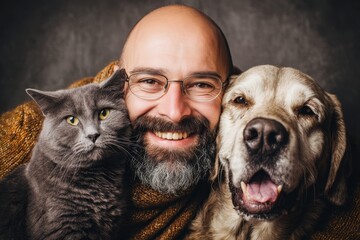 Obraz premium Joyful Owner Embracing Feline and Canine Companions in Cozy Home Setting