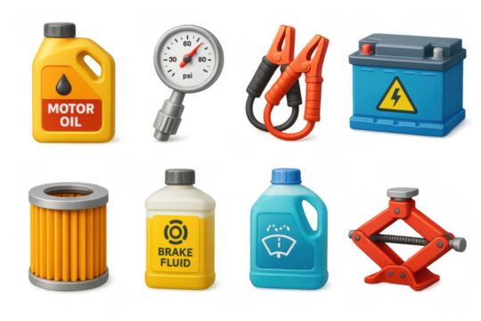 Essential car maintenance tools and fluids collection in 3d design - Powered by Adobe