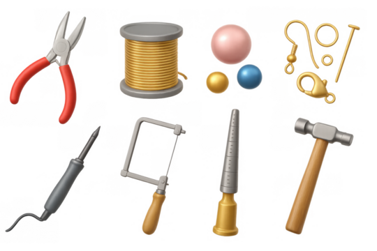 Jewelry tools and materials collection with realistic design for crafting