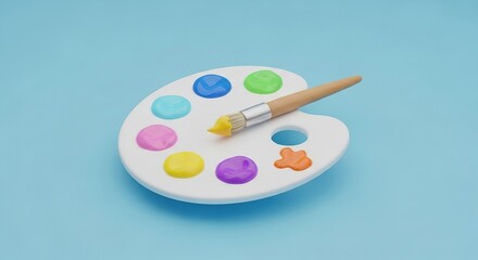 Fototapeta premium Colorful paint palette with brush on light blue background