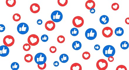 Colorful like and heart icons scattered isolated on white background