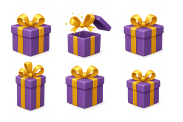 Festive purple and gold gift boxes with bow in 3d style for celebrations