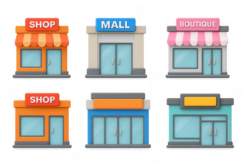 Colorful 3d buildings: shop, mall, and boutique icons for retail design