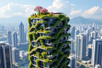 Obraz premium modern futuristic botanical skyscraper with cascading greenery rooftop gardens integrated solar panels surrounded by glass towers bright daylight realistic photo