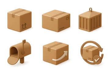 Collection of brown shipping boxes and parcel icons in 3d style