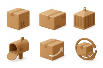 Collection of brown shipping boxes and parcel icons in 3d style