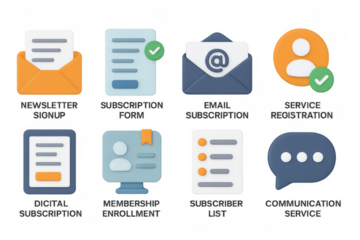 Subscription signup icons with 3d elements for digital services and communication platforms