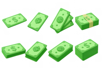 Green cartoon money stacks in various arrangements with 3d effect
