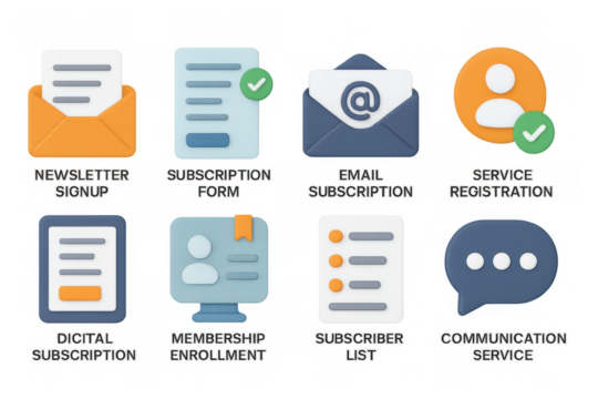 Subscription signup icons with 3d elements for digital services and communication platforms