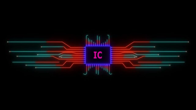 Neon Circuit board IC text animation. Neon Tech Colorful for Digital Interfaces. 4k video