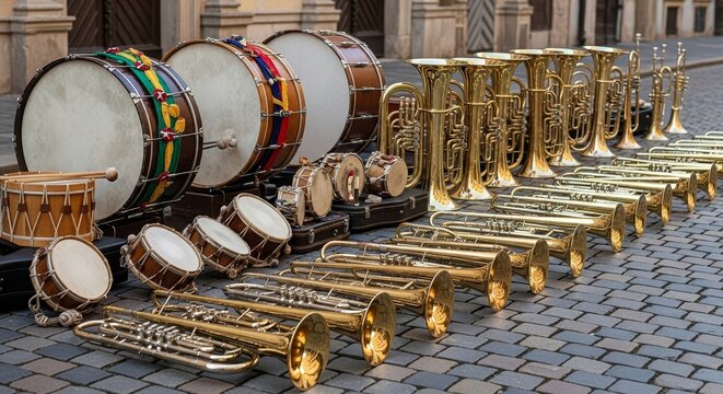 Musical instruments drums and brass instruments neatly arranged on a cobblestone ground