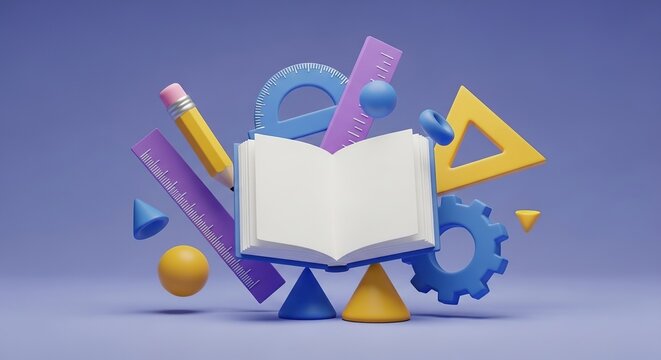 Colorful educational tools and open book with vibrant geometric shapes