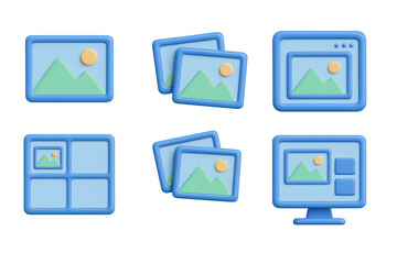 3d blue media gallery icons with mountain and sun illustrations