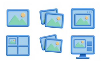 3d blue media gallery icons with mountain and sun illustrations