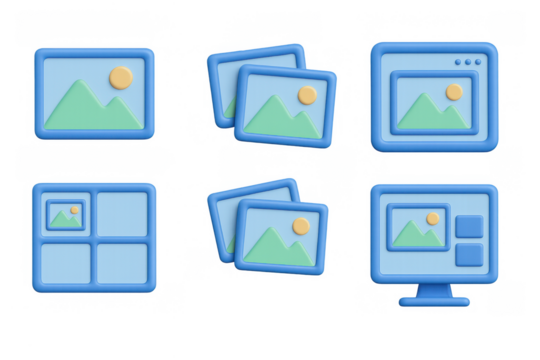 3d blue media gallery icons with mountain and sun illustrations