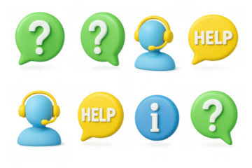 3d help and support icons with headset and information symbols