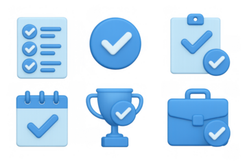 3d blue checkmark icons: trophy, clipboard, calendar, and briefcase set