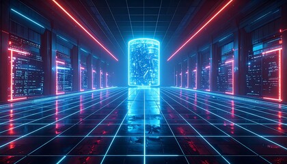 Futuristic server room with neon lighting and central cylindrical data core glowing amidst racks. Grid floor reflects the digital ambience