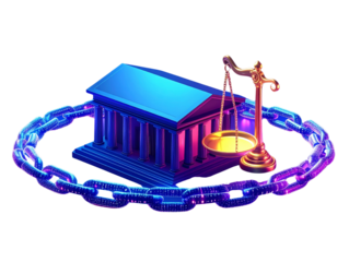 Modern Courthouse with Virtual Blockchain Overlay, Cyber Security in Legal System, Transparent Background.