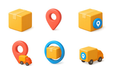 Colorful 3d icons set: delivery, location, package and truck designs