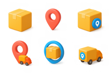 Colorful 3d icons set: delivery, location, package and truck designs