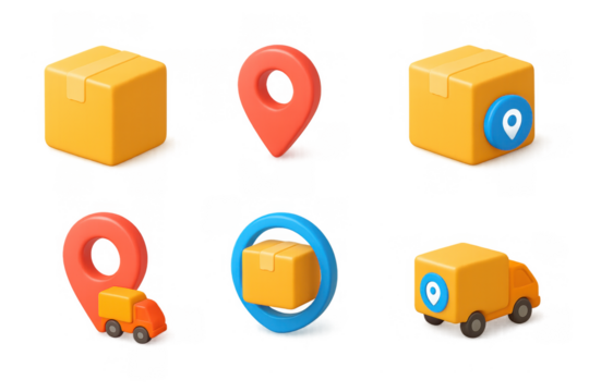 Colorful 3d icons set: delivery, location, package and truck designs