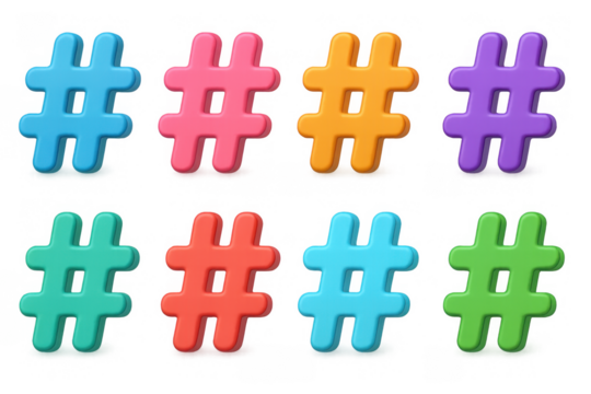 Colorful 3d hashtag symbols on black background with neon glow
