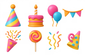 Colorful 3d party icons with cake, balloons, and decorations