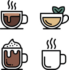 Minimal vector icon set of hot drinks including coffee, tea, and cocoa mugs with steam in modern beverage and cafe concept illustration