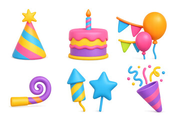 Bright 3d party icons with cake, balloons, and confetti in vibrant colors