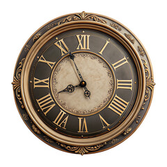 Elegant vintage wall clock with roman numerals and ornate gold design on a classic black background