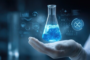 Scientist holding a beaker with glowing blue liquid, futuristic lab concept.