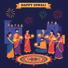 Happy Diwali Celebration with Family and Friends Illuminating Homes with Lamps and Fireworks